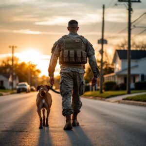 A peaceful moment of homecoming, as a soldier and his dog walk side by side into a new chapter of their lives, marking the end of a heroic journey.