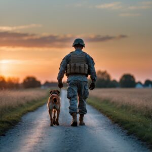A soldier and his dog, walking side by side into the quiet streets of home, their bond stronger than ever as they begin their new chapter together.
