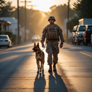 A soldier and his dog walking side by side, the setting sun casting long shadows, marking the end of their military journey and the beginning of a new chapter together.