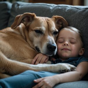 A blind dog resting peacefully with his family, safe and loved after his heroic act.
