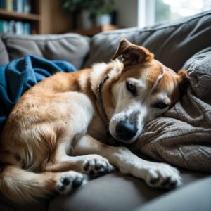 Ziggy resting peacefully with his family, symbolizing the comfort and love he found in his retirement years.