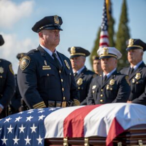  Officer Thompson saluting Boomer’s casket, honoring a retired K9 hero.