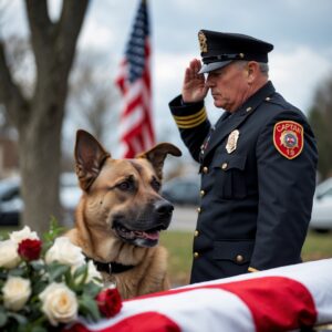 A final tribute to Buster, the loyal firefighter K9, with Captain Carter saluting his fallen companion.